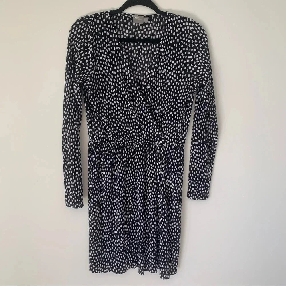 ASOS black white spotted wrap front mini pleated long sleeve dress 8